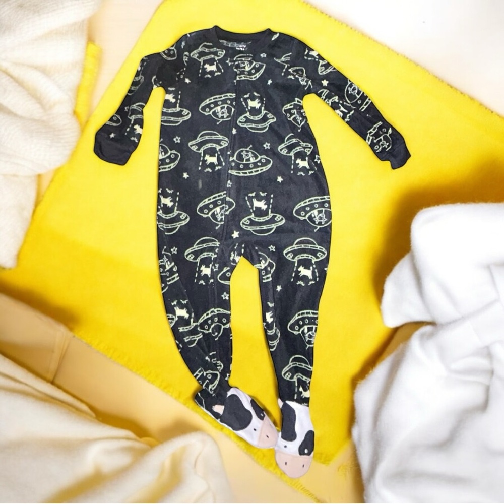 2T 1-Piece Space Cow UFO Black Fleece Footie Pajamas